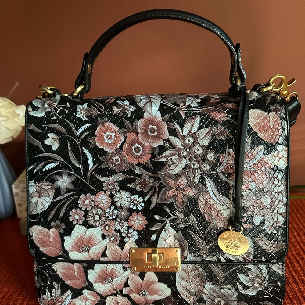 Brahmin Black and Pink Floral Satchel